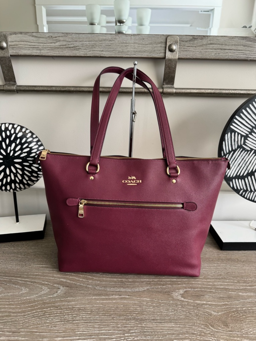Coach Gallery Burgundy Leather Tote with Gold-Tone Accents